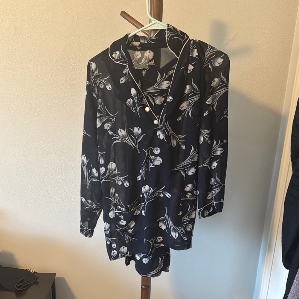 Floral 2 piece see through Navy and White Blouse and trousers